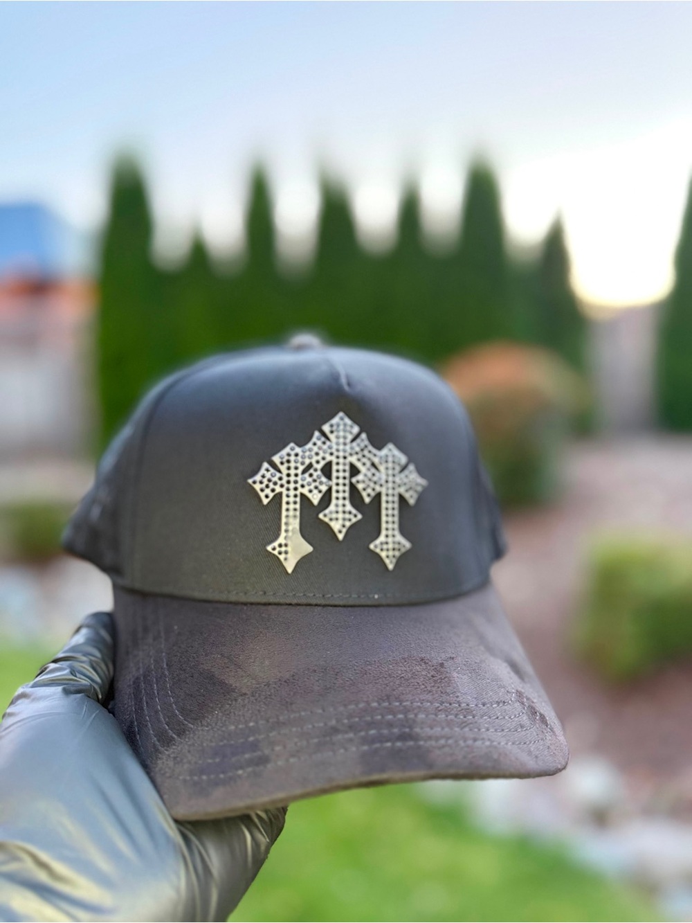 Black Embellished Gothic Logo Baseball Cap - Men